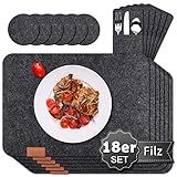 REDKEY 18er Set Tischsets Abwaschbar Platzsets aus Filz, Anthrazit 6er Platzsets, 6er Glasuntersetzer, 6er Bestecktaschen, Eckige Platzdeckchen Teller Untersetzer Filzset Filzmatte