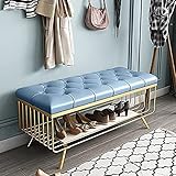 Marmor- Und Metallbank-Schuhschrank, Verandabank, Aufbewahrungsbank Am Ende des Bettes Mit Schuhhocker Aus PU-Leder,Blau,100X35X45Cm(39X14X18Zoll)