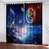 SATUSA Verdunkelungsvorhang Kinderzimmer Junge Mädchen Blickdichter Ösenvorhang 3D Blauer Universumsplanet Muster Ösenschal 2Er Set 234X230Cm Vorhänge Schlafzimmer Thermo Gardinen Fensterdekoration