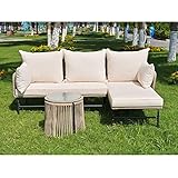 Rattan Garten Möbel Set, Garten Loungemöbel Set für den Außenbereich, L-förmiges Gartenbank Möbelsets, Terassenmöbel Außen mit Tisch, Beige