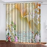 WIRMEC Vorhänge Wohnzimmer Blickdicht Gardinen Verdunkelungsvorhang Schlafzimmer Kinderzimmer Thermovorhang Fensterdekoration 3D Jade-Pfau-Lotus-Teich Muster Ösenschal 2Er Set H 140 X B 120 cm
