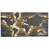 WINTINI LED Weltkarte Holz 100 x 50 cm 3D Effekt in Steinoptik - beleuchtete Vintage Wanddekoration Wohnzimmer - hochwertige LED Wanddeko - handgefertigtes Wandbild Dekoration Geschenk