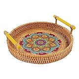 Lebensmitteltablett, handgeflochtenes Rattan-Aufbewahrungstablett mit Holzgriff, runder Korb, Brot-Lebensmittelteller, Obstteller, Serviertablett, Brotkorb, Lebensmitteltabletts (Color : 2)