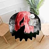 Runde Tischdecke Wolf Heult Red Moon An – Tree Hill Cloud Tischtücher Ölbeständig Staubdicht Tischdecke Für Küche Für Garten Abendessen 152Cm