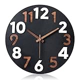 Sinsoledad 30cm Groß Wanduhr Ohne Tickgeräusche Modern Holz 3D Wanduhren für Wohnzimmer Schlafzimmer Küche (Schwarz)