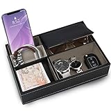 Belle Vous Ablage Tablett Schwarz Kunstleder 5 Fächer Schlüssel Ablage – Herren Organizer Ablage Schreibtisch, Accessoires Herren für Handy, Münzen, Schmuck, Schlüssel, Uhr – Nachttisch Organizer
