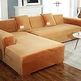 WWYL Sofabezug, Velvet Plüsch Schonbezug Sofa, L-Form Sofa Abdeckung Sofahusse Sofabezug Sofaüberwürfe, Stretch Weich Dick Sofahusse, 1 2 3 4 Sitzer (Golden,L-Form 2+4 Sitze)