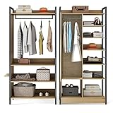 HAINEW 2-teiliges Set Metall Und Holz Kleiderschrank Mehrzweckschrank mit Spiegel und Ablagen, Metall-Kleiderständer offenes Kleiderschrank-Aufbewahrungssystem für Schlafzimmer