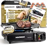 Magnum® Gaskocher inkl. 8 Gaskartuschen und Grillrost - robuster Tischgrill mit Gaskartusche – Camping Grill mit Kartusche 1-flammig – Campingkocher für Camping-Kochen mit Grillplatte für Grillstellen