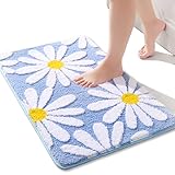 Blau Badezimmerteppich Niedliche Gänseblümchen Badematte Rutschfest Waschbar Badteppich Weiße und Gelbe Blume Badvorleger Weiche Mikrofaser Duschvorleger Absorbierende Badezimmer Teppich 40 x 60 cm