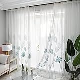 KEKUYA Halbtransparenter 2 Paneele Vorhang Voile Tüll Fenster Balkon Ring Top Ösen Paneele für Schlafzimmer und Wohnzimmer Gaze Vorhang Dekorativ - B 55 x L 84 cm - Blau Pflanzenblätter