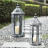 JSMY 2 Stück Kerzen Windlicht Groß Hängende 63&46cm Hoch Vintage Blomus Windlicht Schwarz Glas-Metall-Laternen Kerzenhalter im Retro-design Gartendeko für Garten Außen Terrasse Wohnzimmer(Zementfarbe)