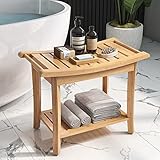 HOCSOK Sitzhocker aus Bambus Sitzbank Bad Duschhocker Wasserfest Rutschfester 2 Etagen, für Zuhause, Badezimmer, Garten, Balkon 60 x 33 x 46 cm, Badezimmermöbel, Natur, mit Seifenschale