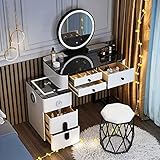 BUJOG Make-up-Schminktisch mit 3-farbigem LED-Lichtspiegel, Schminktisch mit Ladestation und 2 USB-Anschlüssen, Schlafzimmer-Badezimmer, moderner Schminktisch, Aufbewahrungsschrank mit gepolsterte