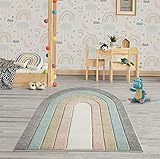 the carpet Monde Moderner Designer Wohnzimmer Teppich, Weicher Kurzflor, Hoch Tief Effekt, Blickfang, Oval, merhfarbig, Regenbogen, Bunt, Anthrazit-Blau-Gold-Mix, 133 x 150 cm, Oval