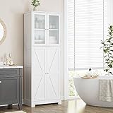 HOCSOK Badezimmerschrank, Badschrank mit 4 Türen und 6 Fächern, Hochschrank Küchenschrank für Badezimmer, Wohnzimmer, Esszimmer, Büro, Weiß