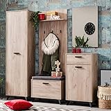 Homestyle4u 2207 Garderobenset 5-teilig Komplettset Holz Eiche Grau Flurgarderobe Sitzbank Garderobenmöbel Flurmöbel Set