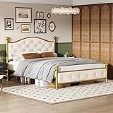ZYLOYAL10 Modern Metallbett, Bettgestelle mit Lattenrost, Doppelbett, Bettrahmen mit Kopfteil, Gästebett, Jugendbett für Schlafzimmer, Gästezimmer, golden (140x200 cm)