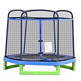 HOMCOM 7FT Kinder Trampolin mit Sicherheitsnetz Kleinkind-Trampolin für drinnen und draußen Fitnesstrampolin Gartentrampolin für 3-12 Jahre Kinder bis 80 kg Stahl Blau+Grün 215 x 200 x 190 cm