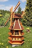 Deko-Shop-Hannusch Windmühle 3 stöckig kugelgelagert 1,40 m Bitum rot mit Beleuchtung Solar, Solarbeleuchtung, mit extra Windrad hinten am Kopf, imprägniert, Kugellager einstellbar