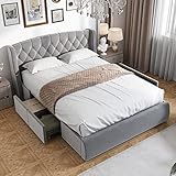140 x 200cm Doppelbett ,Samt Polsterbett mit Schubladen aus stabilem Drahtgeflecht,Bett mit Lattenrost und Kopfteil ohne Matratze(Grau, 140 x 200 cm)