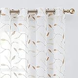 TOPICK Sheer Vorhang Voile Gardinen mit Ösen Blätter Stickerei Transparent Ösenschal Gaze Paarig Ösenschals Blatt für Wohnzimmer Schlafzimmer Stores Gardinen Dekor 2er Set Gold auf Weiß 140x175 cm