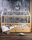 RIVERBANK Kinderbett 90x200 mit Rausfallschutz - Kinder Hausbett aus Kiefer Holz mit Schubladen & Rollrost | Stabiles Haus Bett für Mädchen & Jungen | 90 x 200 cm Jugendbett Massivholz Natur Hell