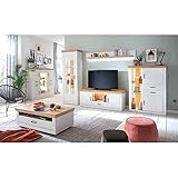 Lomadox Wohnzimmermöbel Komplett Set in Pinie weiß mit Eiche Nb, mit Highboard, Vitrine, TV-Board, Sideboard, Wandregal und rollbaren Couchtisch mit LED Beleuchtung, Landhausstil,