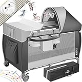 KIDIZ® Babybett 3 in 1 Reisebett Kombi Set Baby Bett mit Wickelauflage Moskitonetz Laufstall Baby ab Geburt bis 15 kg luftige Seitenwände mit Seiteneingang Tragetasche zusammenklappbar, Grau