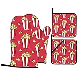 Popcorn Print Isolierte Handschuhe und Pfannenmatte Set, 4er Set, wasserdichte rutschfeste Ofenhandschuhe und Pfannenmatten mit Taschen für Küche Kochen Grill