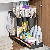 NIKYPJ Küchenschrank Organizer, Höhenverstellbar 2 Etagen Unter Waschbecken Regal, Spülschrank Organizer mit 4 Haken & 2 Tasse für Küche, Bad