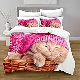 SSJCVD Katze im Korb, Bohemian-Weiß, Bettwäsche, Erwachsene, Queen-King-Size-Bett, komplettes dreiteiliges Set, Kinderzimmer, bequemes Bett, drehbar, Bettwäsche-Set