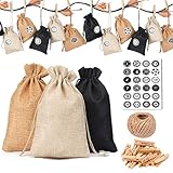 KATELUO 24 Stücke Adventskalender Stoffbeutel mit 24 Adventszahlen Aufkleber, Weihnachtskalender, DIY Festival Geschenksäckchen,Jutesäckchen Bastelset