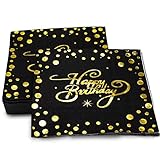 yumcute Servietten Geburtstag Schwarz Gold, 40 Stück Happy Birthday Servietten, 3-Lagig Hochwertige Papierservietten 33x33cm für Mädchen Frauen Geburtstag Party Deko(Gold & Schwarz)