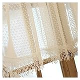 KSTORE Weiß Jacquard Voile Scheibengardine Spitze Mit Quasten Bistrogardine Stangentasche Fenstervorhang Für Kleine Fenster Küche Cafe Wohnzimmer,W145cm x H45cm/ 57 x 17 inch