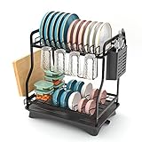 E-MANIS Abtropfgestell Geschirr,2 Etagen Geschirrabtropfgestell Edelstahl,Geschirr Abtropfständer Abtropfgitter,Geschirrtrockner mit Utensilienhalter und Abtropfschale für Teller,Tasse,Schneidebrett