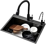 ANSNOW Küchenspülen, Handgefertigtes Nano-Waschbecken, Haushalts-Geschirrspülbecken, Spülbecken Aus 304-Edelstahl, Einzelwaschbecken Unter Dem Aufsatzwaschbecken Für Heimküchenbalkone/Schwarz/55*45Cm