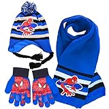 wopin 3 Pcs Spiderman Schal-Set Winterhandschuhe Mützen Schals Anzug,Spiderman Bedruckte Schals Handschuhe Mützen,Winter Herbst Frühling Schal Strickmütze Kombiset Strickset für Kinder Jungen Mädchen