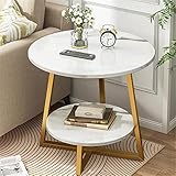 HczioN 2-stöckiger runder Couchtisch, Mid-Century Modern Couchtische, Mitteltisch für Wohnzimmer, mit offenem Regal zur Aufbewahrung und Präsentation, 2-stöckiger Sofatisch, Metallbeine, Weiß B