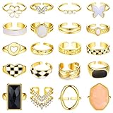 Dochais 20-teiliges Verstellbares Gold Knöchelringe Set für Frauen Vintage stapelbar Boho Midi Fingerringe, Kristall, Y2K Ringe, Schmetterling, Blume, niedlich, Ringpaket, trendiger Schmuck