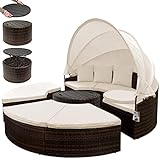 Casaria Polyrattan Sonneninsel Ø 185 cm Faltbares Sonnendach WPC Ausziehtisch Wetterfest 7cm Auflagen 3 Kissen Outdoor Garten Terrasse Balkon Braun Creme