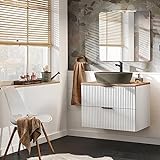 Lomadox Badmöbel Set matt weiß gerillt mit Eiche, 80 cm Waschtisch-Unterschrank mit Keramik-Waschbecken, Spiegel mit LED-Beleuchtung