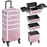 Yaheetech 4-in-1 Kosmetikkoffer, Trolley Schminkkoffer, Großer Make up Koffer, Abschließbar Multikoffer Friseurkoffer Beauty Case mit Rollen und Schublade, Rosa