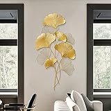 SanBouSi Wanddekoration Ginkgo 3D Wandbild aus Metall, Wanddeko Blätter Wandverzierung Wandskulpturen, Hintergrund Wand Wohnzimmer Dekoration, Gold 110x55 cm