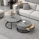 Runder Couchtisch 2er-Set, Beistelltisch-Set mit Schubladen, Sofatisch mit Schiefer-Marmor-Textur, Metallrahmen, moderner Teetisch für Schlafzimmer, Wohnzimmer, Möbel, Dekoration, multip