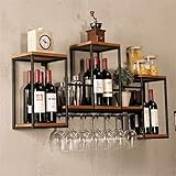 XCTLZG Weinregale Industrierohr Regal Mounted Weinregal Wand mit 6 Stem Glashalter montiert, schwimmend Bar Regale Weinregal, 40.9in Real Wood Wandregale Regal, Regalweinglas-Rack