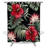TITINGLUCK Tropischer roter Hibiskus-Blumen- und Palmenblätter-Duschvorhang, wasserdichter Polyester-Badevorhang, Heimdekoration, Badezimmerzubehör, Vorhang, 180 x 180 cm (B x H)