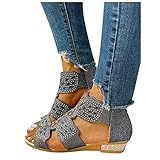 YHIIen Damen Keilabsatz Sandalen Damen Große Größe Strass Retro Boho Sandalen Wedge Heel Flatform Open Toe Reißverschluss Schuhe,Freizeit rutschfest Strandsandalen