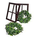 2er Set Deko Holz Fensterrahmen inkl. künstliche Mistelkränze - walnuss - Holzrahmen und Türkranz zum Hängen und Gestalten - Bilder Wand Fenster Rahmen Tür Tisch Mistel Grün Kranz künstlich