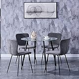 GOLDFAN Esstisch Set mit Glas Esstisch und 4 Samt Gebogene Rückenlehne Stühlen Glastisch und Grau Stuhl Runder Tisch für Wohnzimmer Küche Büro